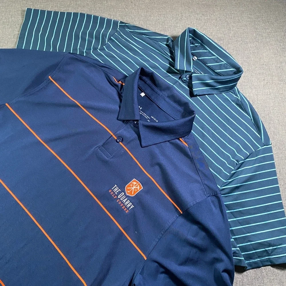 Lot of 2 Under Armour Golf Polo Shirt Men's LG HeatGear Blue/Green Striped